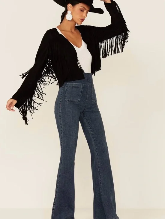 Vocal Black Faux Suede Fringe Cropped Jacket Western Boho Cowgirl Style Medium - Picture 9 of 9